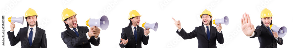 Man with helmet and loudspeaker on white Man with helmet and loudspeaker on white