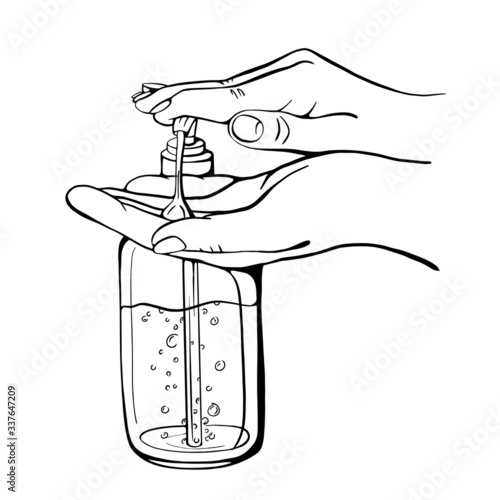 Disinfection of hands. Hand-drawn vector illustration . alcohol gel bottle for cleaning and disinfection. Hand press disinfectant. Vector illustration