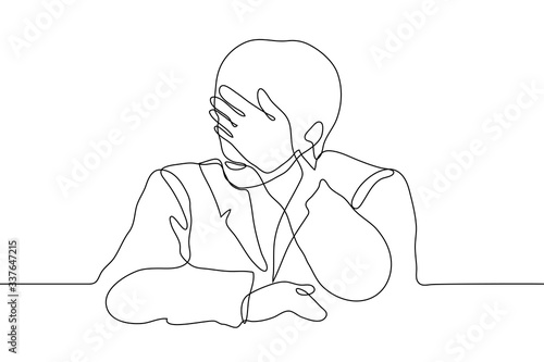 A man in a jacket (torso) sits at a table and put his hand to his face. The guy is tired, he is ashamed, has a headache, does not want to look, face palm. One continuous line drawing, for  animation