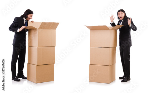 Funny man with boxes on white