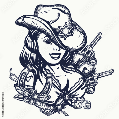 Cowboy girl pin up style. Sheriff woman in hat. Wild West concept. Western art. Beautiful American woman in national clothes of USA. Guns, playing cards and money. Tattoo and t-shirt design
