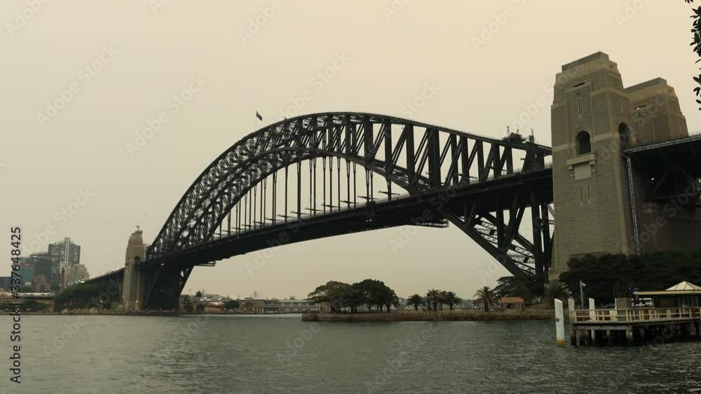 Sydney city landmarks on Harbour waterfront at times of air pollution from massive bushfires in Australia.
Sydney city landmarks on Harbour waterfront at times of air pollution from massive bushfires in Australia.