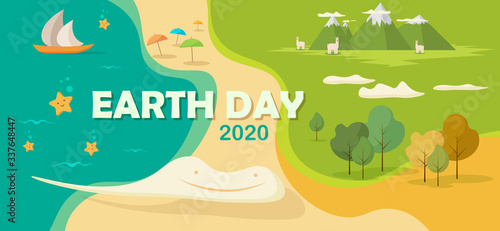 Beautiful flat vector Illustration banner of land and sea ecosystem with happy smiling white cloud celebrating earth day and summer vacations