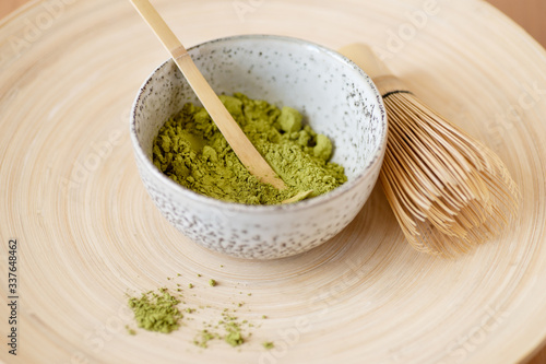 Matcha green tea powder grey bown japanese tools.