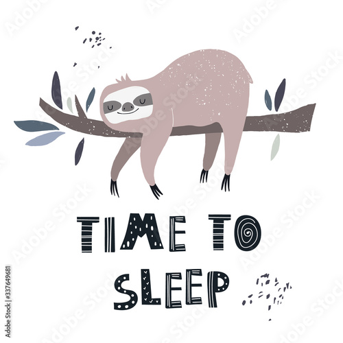 Vector color hand-drawn children’s illustration, poster, print, card with a cute sloth on a branch in Scandinavian style on a white background. Lettering Time to sleep. Baby print with sloth. Animal.
