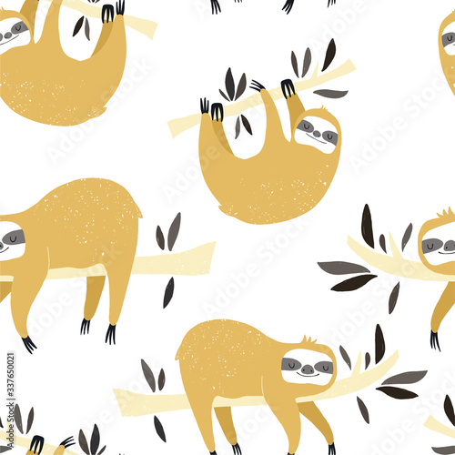 Vector hand-drawn colored seamless repeating childish pattern with cute sloths on the branches in the Scandinavian style on a white background. Cute baby animal. Baby print with sloths 