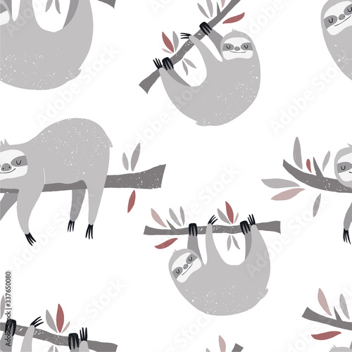 Vector hand-drawn colored seamless repeating childish pattern with cute sloths on the branches in the Scandinavian style on a white background. Cute baby animal. Baby print with sloths
