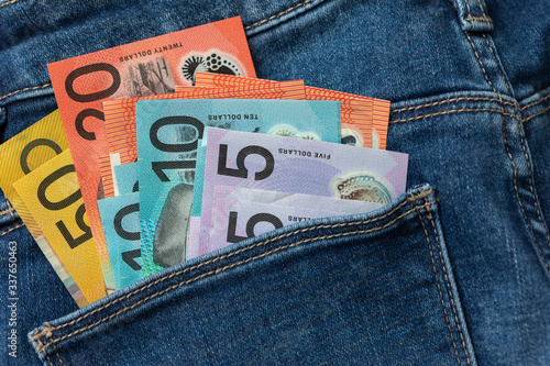 Australian bank notes in jeans pocket.