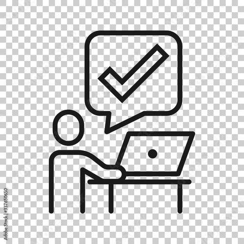People with laptop computer icon in flat style. Pc user check mark vector illustration on white isolated background. Office manager business concept.