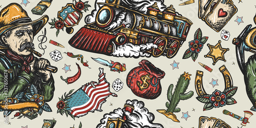 Wild West seamless pattern. Gold rush. Cowboy digger, steam train, sheriff star, horseshoe, USA map. American pioneers art. Western background. Old school tattoo style