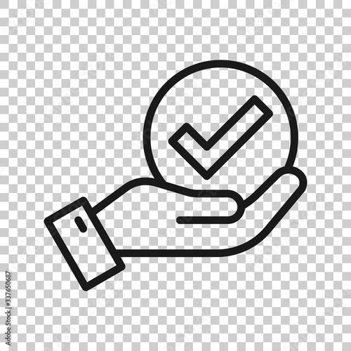 People hand with check mark icon in flat style. Accept vector illustration on white isolated background. Approval choice business concept.