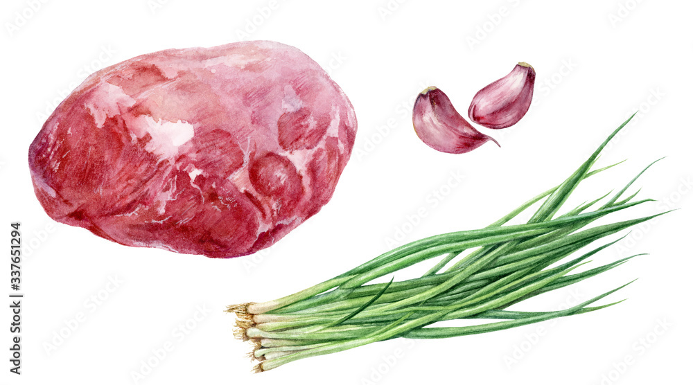 Fototapeta premium Green onion garlic meat set watercolor isolated on white background