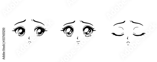 Set of anime sad faces. Hand drawn vector cartoon illustration.