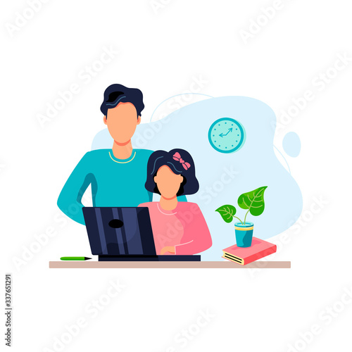 Home learning, home activity concept. Father is helping student to do homework. Vector illustration isolated on white background. Flat cartoon style design.