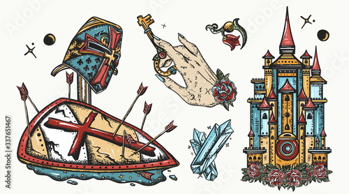Medieval old school tattoo collection. Warrior crusader, ancient castle and occult hands, sword and arrows. Middle age set. Traditional tattooing style