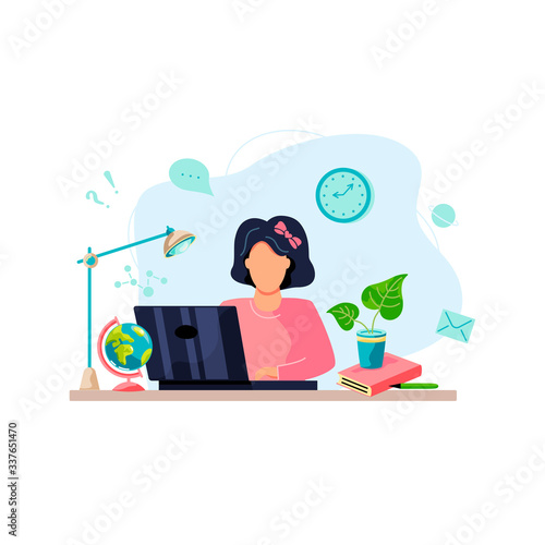 Home learning, online education, home activity concept. Student is doing homework on laptop. Vector illustration isolated on white background. Flat cartoon style design.