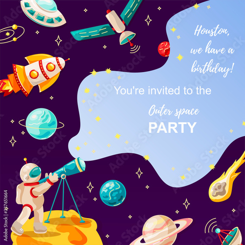 Space backdrop with palnets, rocket, austronaut. Great for outer space party invitation, baby shower, birthday, education banner, astronomy poster. Vector illustration. Flat cartoon style design.