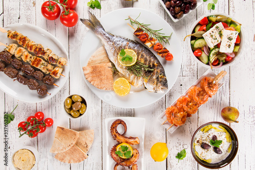 Greek food background. Trad...