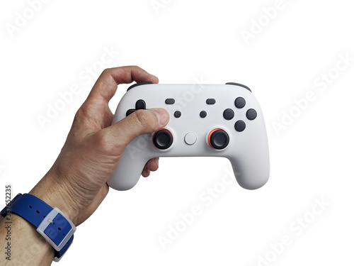 Hand holding white controller isolated on white background