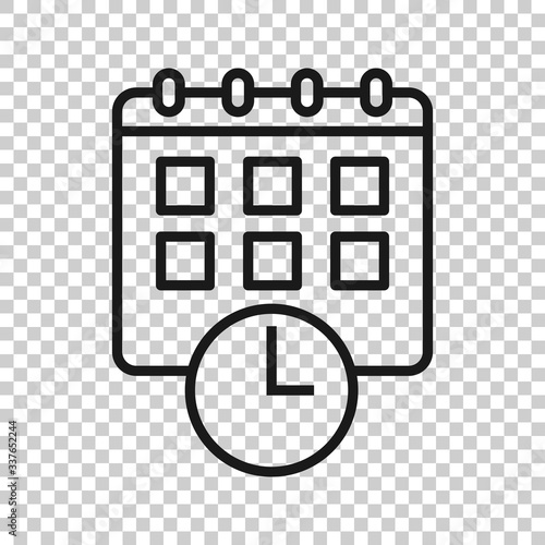Calendar with clock icon in flat style. Agenda vector illustration on white isolated background. Schedule time planner business concept.