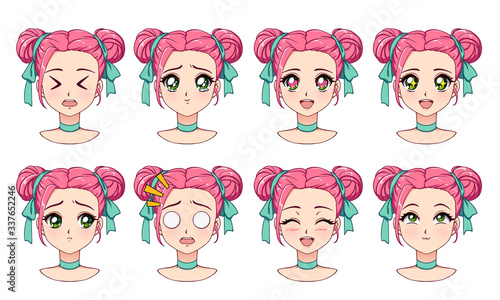A set of cute anime girl with different expressions. Pink hair, big green eyes.