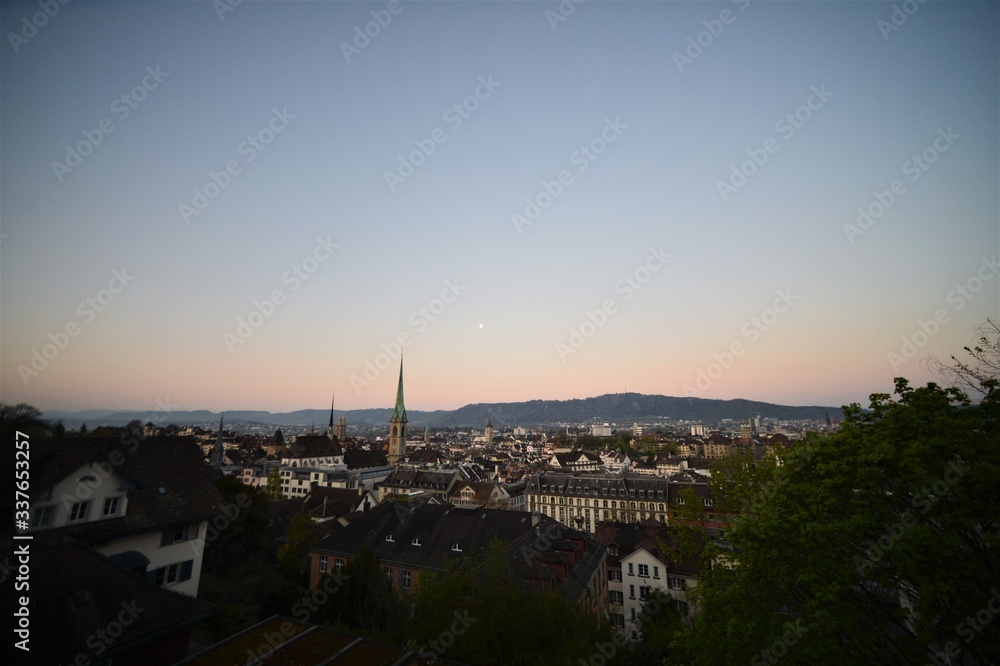 roofs of the old town of Zurich Switzerland in the morning with uetliberg i background