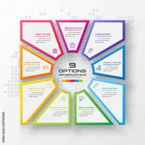 Business infographics template 9 steps with square,Element for design invitations,Vector illustration.