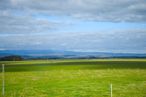 The green grass field and cloudy blue sky background on sunny day in Australia