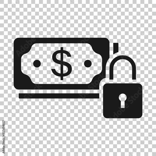 Dollar banknote with lock icon in flat style. Dollar cash safe vector illustration on white isolated background. Banknote bill security business concept.