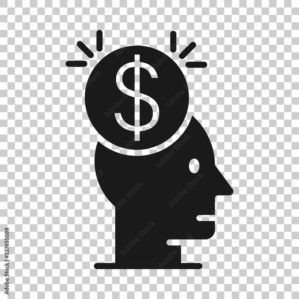 Human head with money icon in flat style. Career progress vector illustration on white isolated background. Face and dollar coin business concept. Human head with money icon in flat style. Career progress vector illustration on white isolated background. Face and dollar coin business concept.