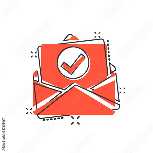 Envelope with confirmed document icon in comic style. Verify cartoon vector illustration on white isolated background. Receive splash effect business concept.