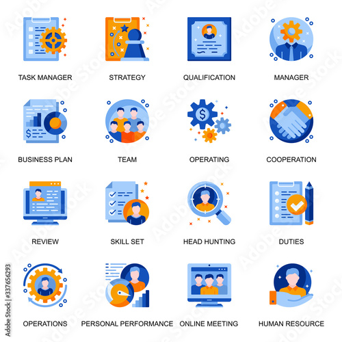 Management icons set in flat style. Headhunting and qualification, online meeting, team cooperation and personal performance signs. Task management and strategy planning pictograms for UX UI design.