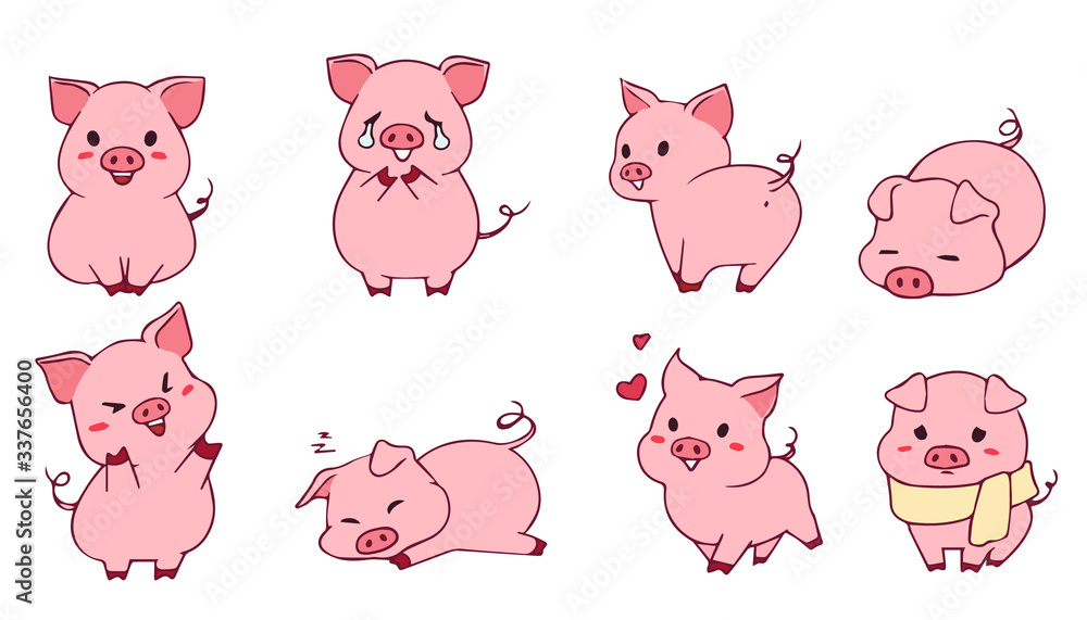 Cute little piggy set. Hand drawn vector illustration.