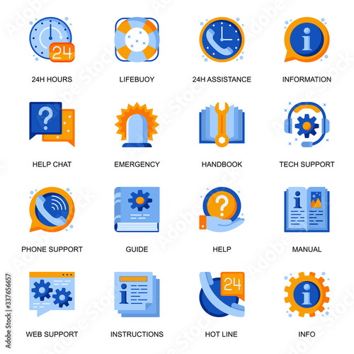 Web support icons set in flat style. 24h assistance, help chat, handbook and information, guide and manual, emergency service signs. Hot line and technical support pictograms for UX UI design.