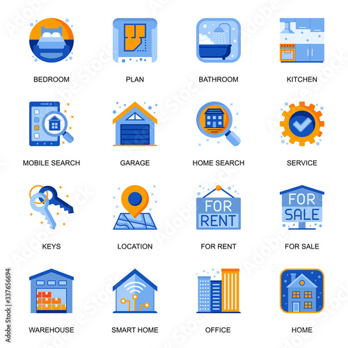 Real estate icons set in flat style. Bedroom, bathroom and kitchen, rent and sale service, mobile search, residential and commercial building signs. Real estate agency pictograms for UX UI design.
