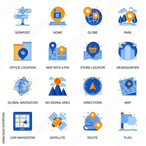 Navigation system icons set in flat style. Headquarter location, route and direction, no signal area, store locator, satellite and pinpointer signs. Global gps navigation pictograms for UX UI design.