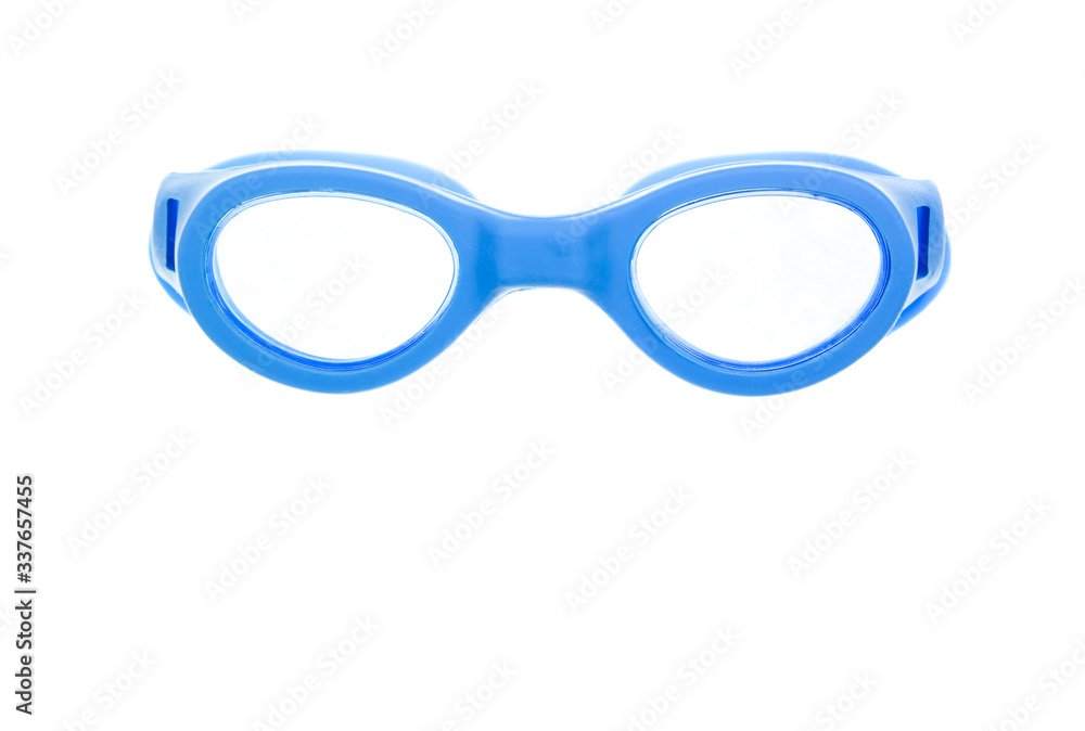 Blue protective eyewear swimming glasses on a white background. Front view Blue protective eyewear swimming glasses on a white background. Front view