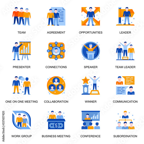 Business people icons set in flat style. Team communication and collaboration, presentation and conference, workgroup subordination, win and leading signs. Business meeting pictograms for UX UI design