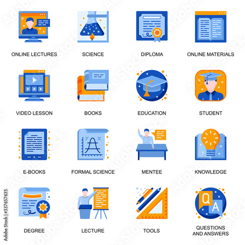 Education icons set in flat style. Formal science, online lectures and courses, question and answer, online materials and tools, video lesson signs. Distance education pictograms for UX UI design.