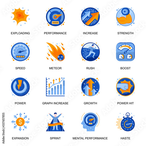 Mental performance icons set in flat style. Power hit, boost and rush, exploding and meteor, expansion and growth, speed and power signs. Efficiency improvement pictograms for UX UI design.