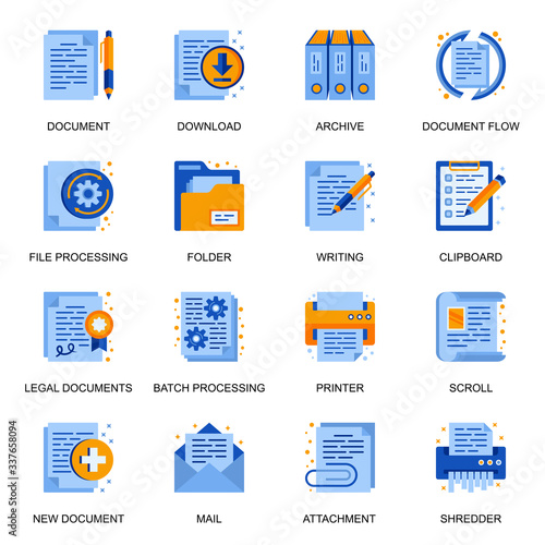 Documents icons set in flat style. Batch processing, legal documents, archive, file download, shredder, mail attachment, clipboard signs. Paperwork and documentation pictograms for UX UI design.