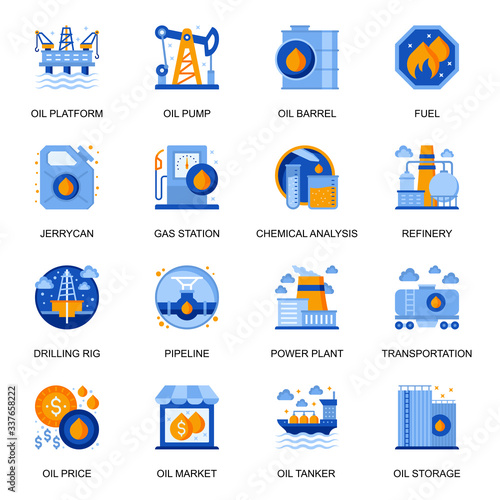 Oil industry icons set in flat style. Oil platform and pump, chemical analysis, power plant and pipeline, tanker transportation, drilling rig signs. Fuel production pictograms for UX UI design.