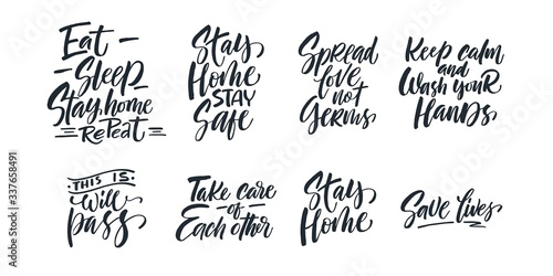  Set Handwritten quotes, vector brush lettering, quarantine concept.