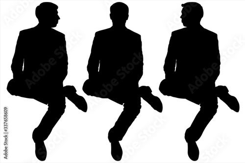 Businessmen in suits are sitting cross-legged. Vector illustration of three seated men. In transport. Front view, full face. Man's head is turned sideways, looking forward. Holds a hand on his knee.