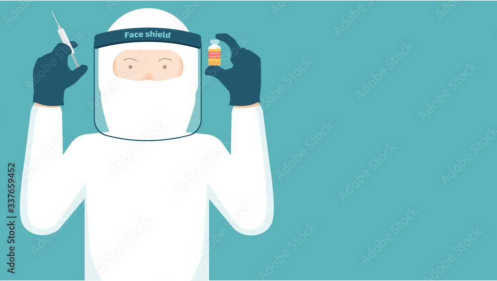 people in protective suit white with syringe and vaccine bottle in hand , face shield. Illustration about protection covid-19 with treat item.