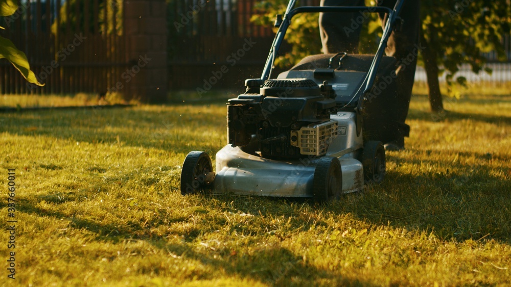 Fototapeta premium Lawn mowers cut grass. Garden work concept background