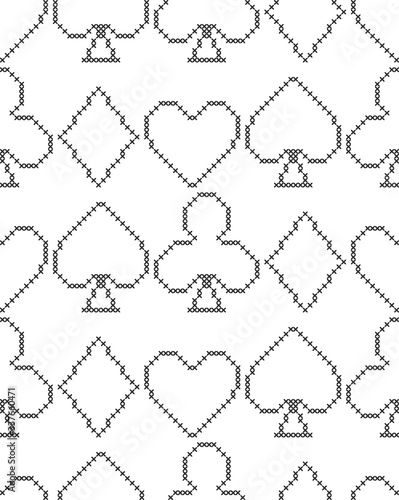 Card suits, diamonds, spades, hearts, clubs. Geometric background. Imitation cross stitch. Seamless decorative design.