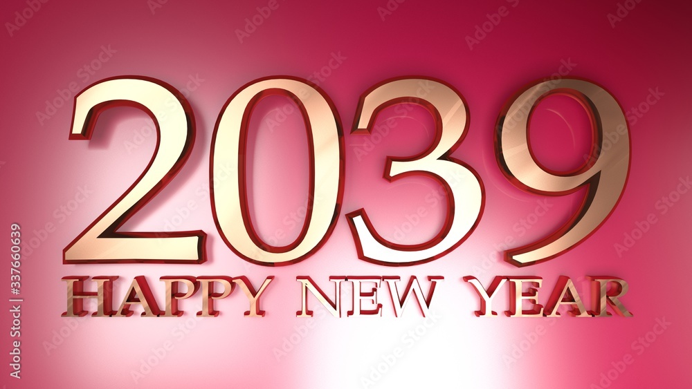 2039 Happy New Year copper write on red background - 3D rendering illustration