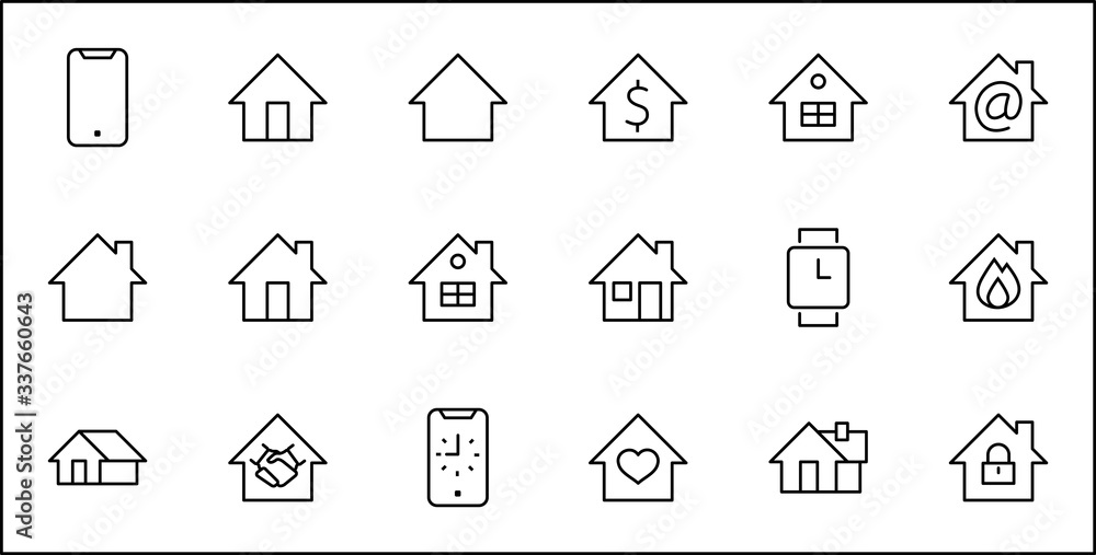 Set of House Vector Home Line Icons. Contains symbols of Conclusion of Contract, Heart, Drop of water, fire, money and more. Editable Stroke. 32x32 pixels. Set of House Vector Home Line Icons. Contains symbols of Conclusion of Contract, Heart, Drop of water, fire, money and more. Editable Stroke. 32x32 pixels.