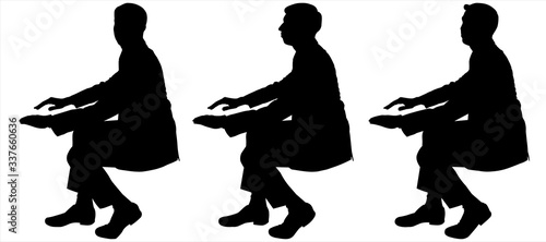 Vector illustration three silhouettes of men sitting one after another. Businessman in a suit sits at a table. Conference. Head is directed in different directions: it looks forward, and sideways.